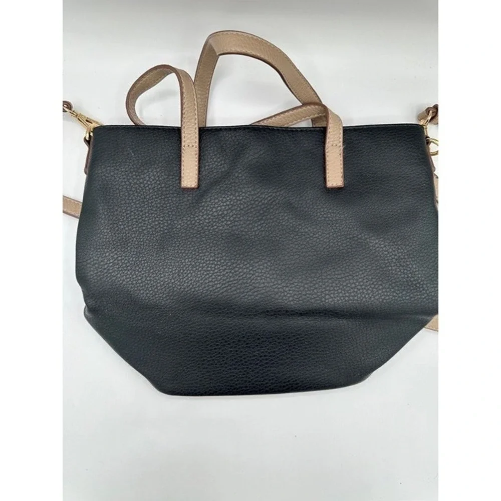 Anne Klein Colorblock Tote Crossbody Handbag‎ Black Cream Taupe Pebbled Purse